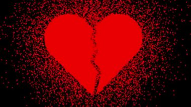 Soyut kırmızı parçacık arkaplanlı animasyon kırık kalp. Hareket eden kırmızı parçacık arkaplanı üzerinde kırık kalp animasyonu. Soyut arkaplanda kırmızı parçacıklar ile kalp kırılan animasyon.