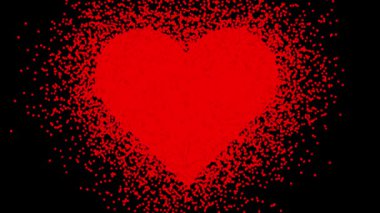 Parlayan kırmızı parçacık etkileriyle duygusal kalp kırma animasyonu. Hareket eden kırmızı parçacıklar ve kalp kıran animasyonlar içeren soyut bir arkaplan. Kırık kalbin arkasında kırmızı parçacık animasyonu.