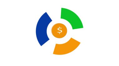 Dolar madeni para çekirdeğinin yer aldığı renkli pasta çizelgesi. Ortasında dolar olan animasyon pasta grafiği. Renkli segmentleri ve dolar madeni para merkezi olan pasta grafiği.