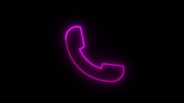 Karanlık arka planda iletişim dalgaları olan neon telefon sembolü. Sinyal iletimini gösteren ışıldayan bir telefon simgesi. Siyah ekranda parlayan iletişim sinyali simgesi.
