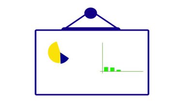 Finansal pasta grafiği ve dolar sembollü büyüyen bar grafiği içeren animasyon sunum tahtası. Canlandırılmış finansal veri ve iş grafiği sunumuyla pano görselleştirmesi.