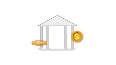 Tasarruf yatırım finansmanı ve parasal kavramları gösteren dolar sikkeleri olan animasyon bankası. Canlandırılmış banka ve dolar para grafikleri ile parasal büyüme ve tasarruflar görselleştirildi.