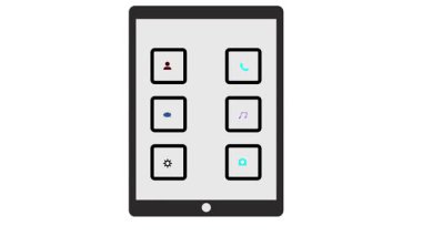 Beyaz arkaplanda çeşitli uygulama simgelerini gösteren canlandırılmış tablet görüntüsü. Çeşitli uygulama simgeleriyle tablet UI animasyonu. Çoklu uygulama simgeleriyle canlandırılmış tablet ekranı.