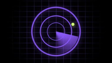 Hareketli hedefler ve mor tarama taramalı radar ekranı. Mor tarama ışını ve hareket eden hedeflerle radar animasyonu. Hareketli hedeflerle radar üzerinde mor tarama taraması.