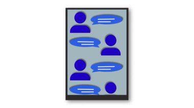 Metin baloncukları ve kullanıcı simgeleri ile mobil sohbet arayüzü tasvir eden soyut illüstrasyon. İleti kabarcığı tasarımı ile taşınabilir metin ekranı kavramı. Konuşmayı gösteren dijital sohbet düzeni.