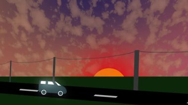 Günbatımı yol animasyonu. Huzurlu bir akşam sahnesinde araba sürüyor. Animasyon araba gün batımında arka planda sakin bir akşam tasvir ederek yol boyunca sürüyor. Akşam sürüş animasyonu.