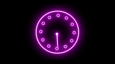 Zarif neon saat animasyonu siyah bir arkaplanla zamanı gösteriyor. Neon parıltılı saat animasyonu. Ekranda kusursuz bir döngü. Parlayan neon saat.
