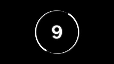Siyah arka planda daire geri sayımı olan beyaz parlayan sekiz numara. Dairesel yükleme animasyonu. Temiz UI animasyonu. Çember, siyah arkaplanda yüzdeyle yükleniyor.