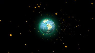 Dijital ekonomi animasyonu dünyanın çeşitli para birimleriyle çevrili olduğunu gösteriyor. Küresel finansı temsil eden döviz sembolleriyle çevrili animasyon dünya küresi.