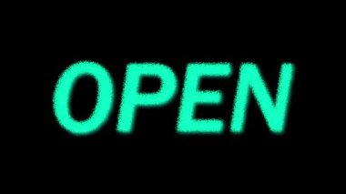 Yeni mağaza açılışını vurgulayan siyah arkaplan üzerindeki modern neon açık tabela. Siyah arka plan reklam mağazasının açılışı ve açılışı için neon açık tabela. Zarif neon açık işareti.