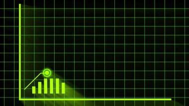 Büyüyen verilerin canlandırılması istatistiklerle neon yeşil bir ızgarada gösteriliyor. Veri büyümesi görselleştirmesi. Canlandırılmış istatistikleri olan neon yeşil şebeke. Veri büyümesi ile finansal çizelgeler.