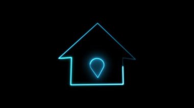 Soyut arkaplanda parlayan gök mavisi ışıklı neon ev GPS işaretçisinin dijital arayüz animasyonu. Hareket grafikleri neon ev konumu işaretleyici animasyon mavisi HUD teknolojisi için parlayan ana hat.