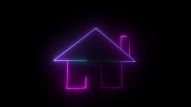 Modern projeler neon ev ikonu, mor mavi renkli canlı ev sembolü, dikişsiz döngü. Mor mavi parıltılı dijital teknoloji arayüzü tasarım öğesine sahip animasyon neon ev simgesi.