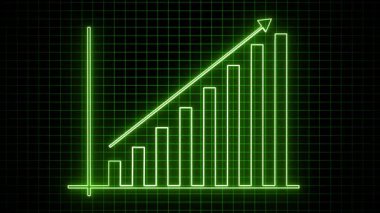 Gelecekçi bar çizelgesi kripto trendlerini ve dijital varlık değerini izliyor. Canlandırılmış yeşil neon çubuk çizelgesi büyümeyi ve olumlu finansal ilerlemeyi temsil ediyor. Kripto para birimi pazar büyümesinin neon animasyonu.