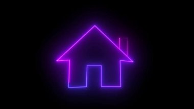 Dijital arayüz elementi oyunlar için mor mor neon renkli ev ikonu dikişsiz döngü animasyonu. Modern teknoloji neon ev simgesini canlandırdı. Mor mor renkli ev sembolü. Soyut arkaplan..