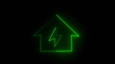 Soyut arka plan yeşil neon ev enerji yıldırımı animasyonu akıllı teknoloji yenilikleri için. Temiz enerjiyi temsil eden yeşil ışıklı evin kusursuz döngü animasyonu.