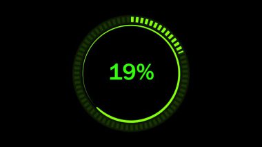 Hareket grafikleri yeşil neon yükleme çemberi oyun ve sunumlar için% 30 ilerleme göstergesi. Dijital arayüz yeşil neon yükleme çemberi ilerleme göstergesi animasyonu bilim-kurgu teknolojisi için mükemmel.