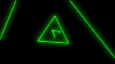 Bilimkurgu enerji parıltısıyla parlayan yeşil neon üçgenler. Parlak yeşil neon üçgenler soyut arkaplan dipsiz döngü canlandırması.