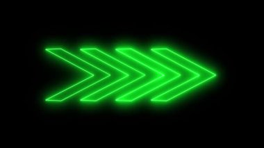 Parlak yeşil neon oklar dijital arayüz için dikişsiz döngü. Yeşil neon oklar parlayan çizgilerle ileri doğru hızlı hareket grafiği.