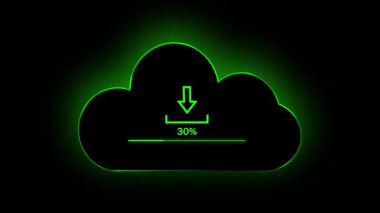 Siber güvenlik bulut indirme simgesi animasyonu parlayan yeşil, pürüzsüz dijital ağ tasarımı. Yeşil neon bulutu indirme simgesi animasyonu soyut teknoloji arkaplansız hareketsiz grafikler.