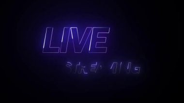 Parlayan mor neon canlı yayın başlık grafikleriyle internet televizyon yayını başlatıcısı. Çevrimiçi gösteri ve olay tanıtımı için mor neon metin içeren modern dijital teknoloji animasyonu.