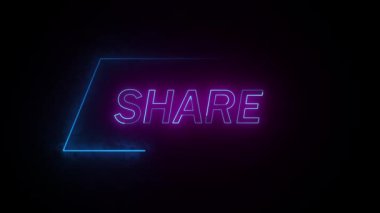 Sosyal medya paylaşım düğmeleri için mor mavi ışık içeren modaya uygun neon animasyon grafikleri. Dijital yayınlar için parlayan neon paylaşım düğmesine sahip soyut koyu duman hareketi arkaplanı.