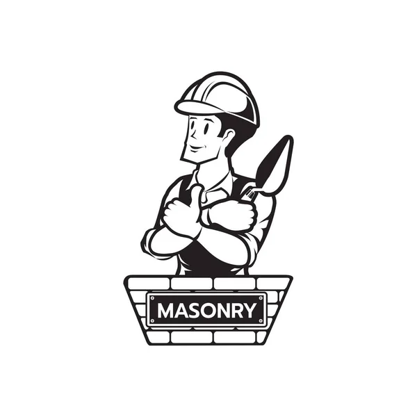 Builder Bricklayer Logo Icon Silhouette Isolated Masonry Cartoon Style Male — Stock Vector