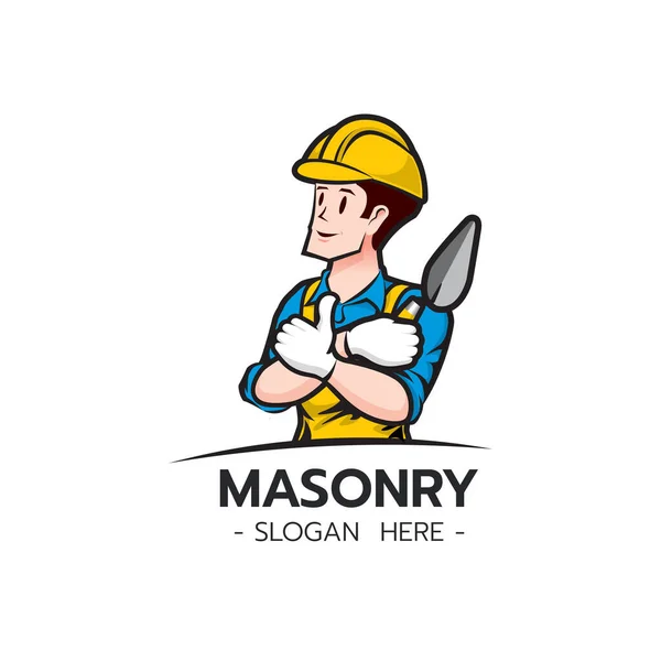 Builder Bricklayer Logo Icon Isolated Masonry Cartoon Style Male Character — Stock Vector