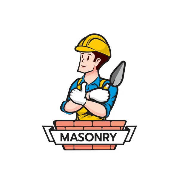 Builder Bricklayer Logo Icon Isolated Masonry Cartoon Style Male Character — Stock Vector