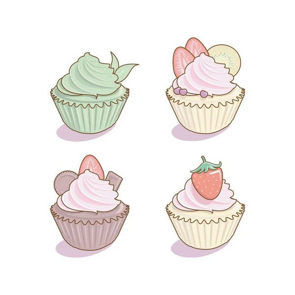 Cupcake Personaje Lindo Estilo Kawaii Dibujos Animados Pastel Dulce Aislado — Archivo Imágenes Vectoriales