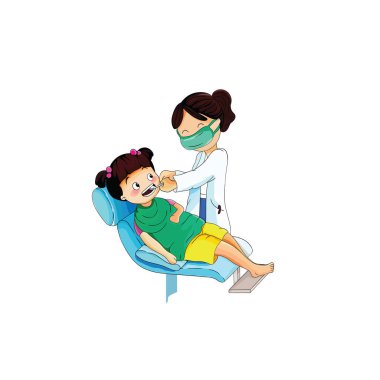 Tatlı küçük kız dişçi karikatüründe boşboğaz açıyor. Beyaz arka plan çiziminde izole edilmiş.