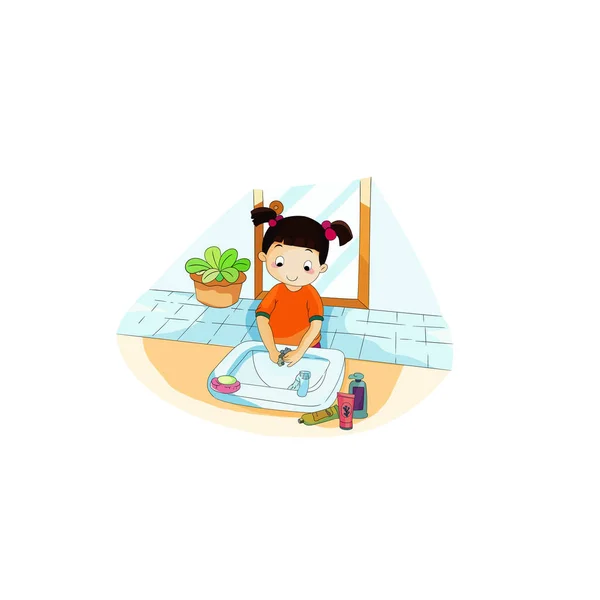 Schattig Klein Meisje Wassen Haar Handen Gootsteen Concept Cartoon Plat — Stockvector