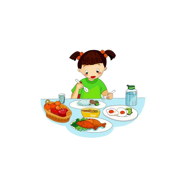 かわいい漫画幸せな女の子は健康的な果物や野菜料理を食べています 子供たちは朝食や昼食のためにおいしい食事を楽しむ 女の子食べる食べ物でテーブルの上に隔離された白い背景ベクトルイラスト — ストックベクタ