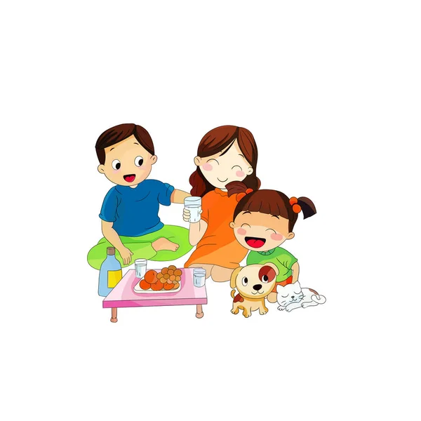 Hermosa Familia Comiendo Fruta Con Una Mascota Aislada Ilustración Vector — Vector de stock