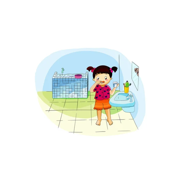 Linda Caricatura Chica Feliz Cepillo Dientes Sala Baño Dibujos Animados — Vector de stock