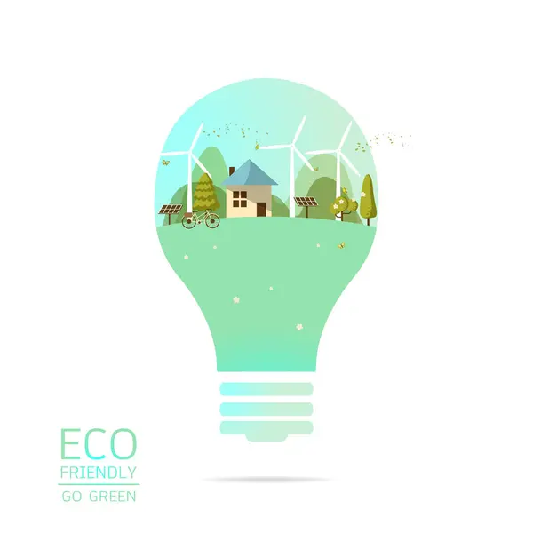 Illustration Vectorielle Maison Écologique Ampoule Avec Éolienne Vélo Cellule Solaire Illustrations De Stock Libres De Droits