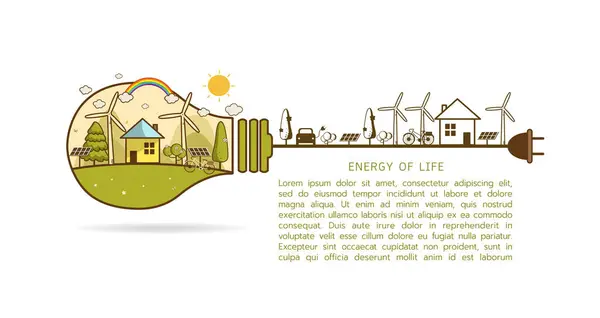 Εικονογράφηση Διάνυσμα Οικολογικό Σπίτι Λάμπα Φωτός Ανεμογεννήτρια Ποδήλατο Ηλιακών Κυττάρων Royalty Free Εικονογραφήσεις Αρχείου