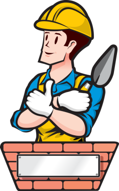 İnşaatçı tuğla ustası logo simgesi, duvarcılık çizgi film tarzını izole etti