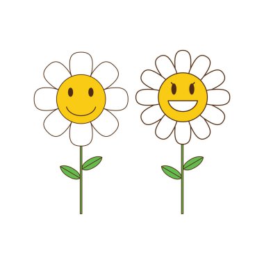 Modaya uygun bir çiçek çizgi filmi olan antika, beyaz arkaplan vektör illüstrasyonunda izole edilmiş Hippi, barış.