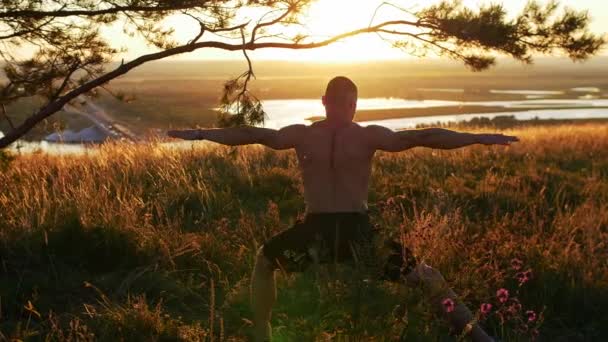 一个赤身裸体的肌肉男子在日落时在田里训练 — 图库视频影像