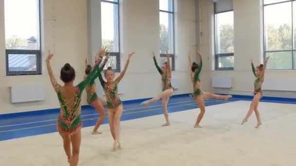 Renkli Kostümlü Bir Grup Kız Jimnastikçi Dans Stüdyosunda Bir Performans — Stok video