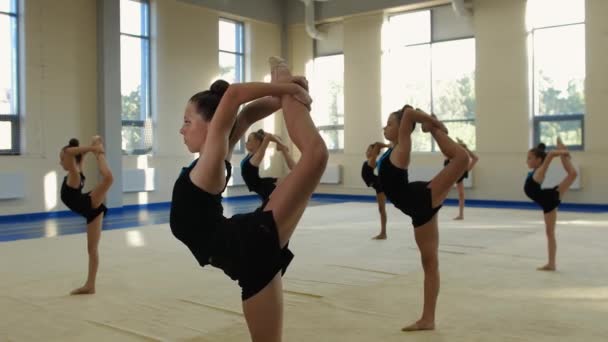 俄克拉荷马州卢萨市 一群在体育馆里进行体操训练的小女孩 同时站起来 — 图库视频影像