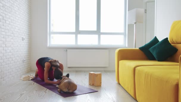 Una Mujer Flaca Hace Una Cabecera Una Esterilla Yoga Junto — Vídeos de Stock
