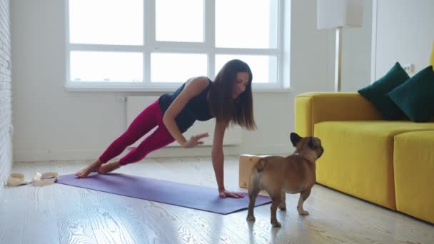 Skinny Woman Doing Exercise Yoga Mat Her Pet Dog Walks — Stock Video