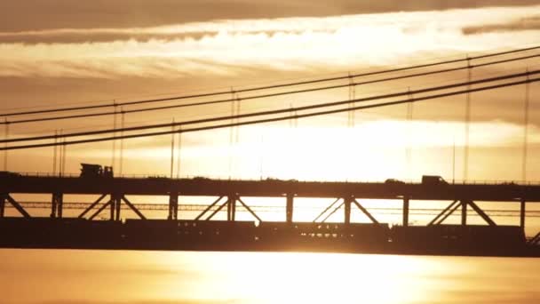 Train Riding Secod Level Suspension Two Storey Bridge Orange Sunset — Stock Video