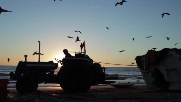 Arbeiter Säubern Den Strand Vor Dem Hintergrund Des Sonnenuntergangs Und — Stockvideo