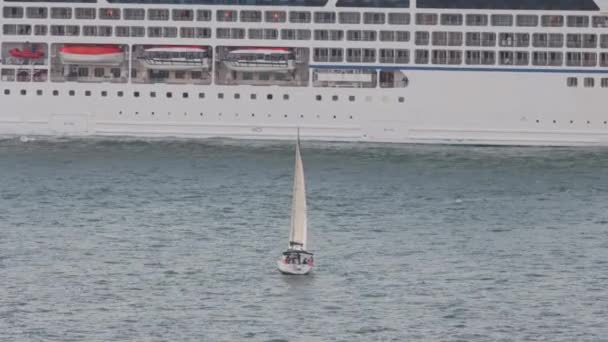 Egy Vitorlás Hajó Vitorlázik Folyón Egy Sétahajón Középső Felvétel — Stock videók