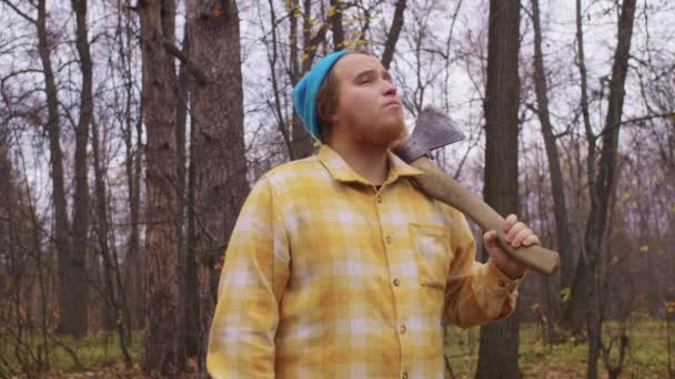 Man Looks Autumn Forest Scratches His Beard Portrait — Stock Video