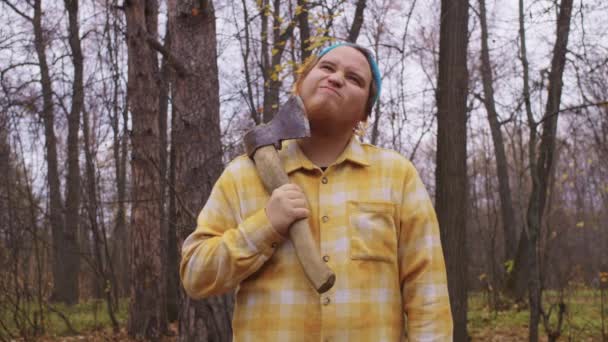 Lumberjack Scratches His Red Beard Axe Autumn Forest Portrait — Stock Video