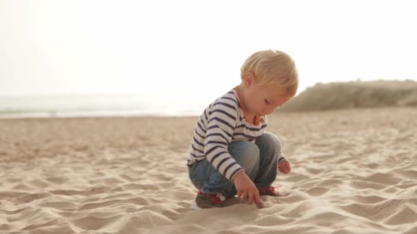 小さなブロンドの男の子が砂から棒を引いて笑顔の母親に歩きます ミッドショット — ストック動画